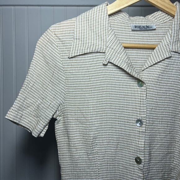 Vintage REXX Gingham Checkered Short Sleeve Blouse Collared Tie Front Top - Picture 6 of 11